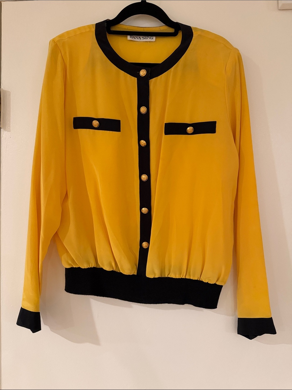 Vintage 80s/90s Hana Sung Yellow Blouse with Black Trim and Gold Buttons
